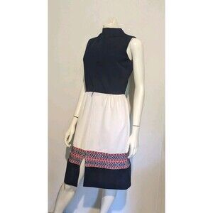 Vintage 60s Mod Sleeveless Sheath Dress White Blue High Neck Poly B39 S/M